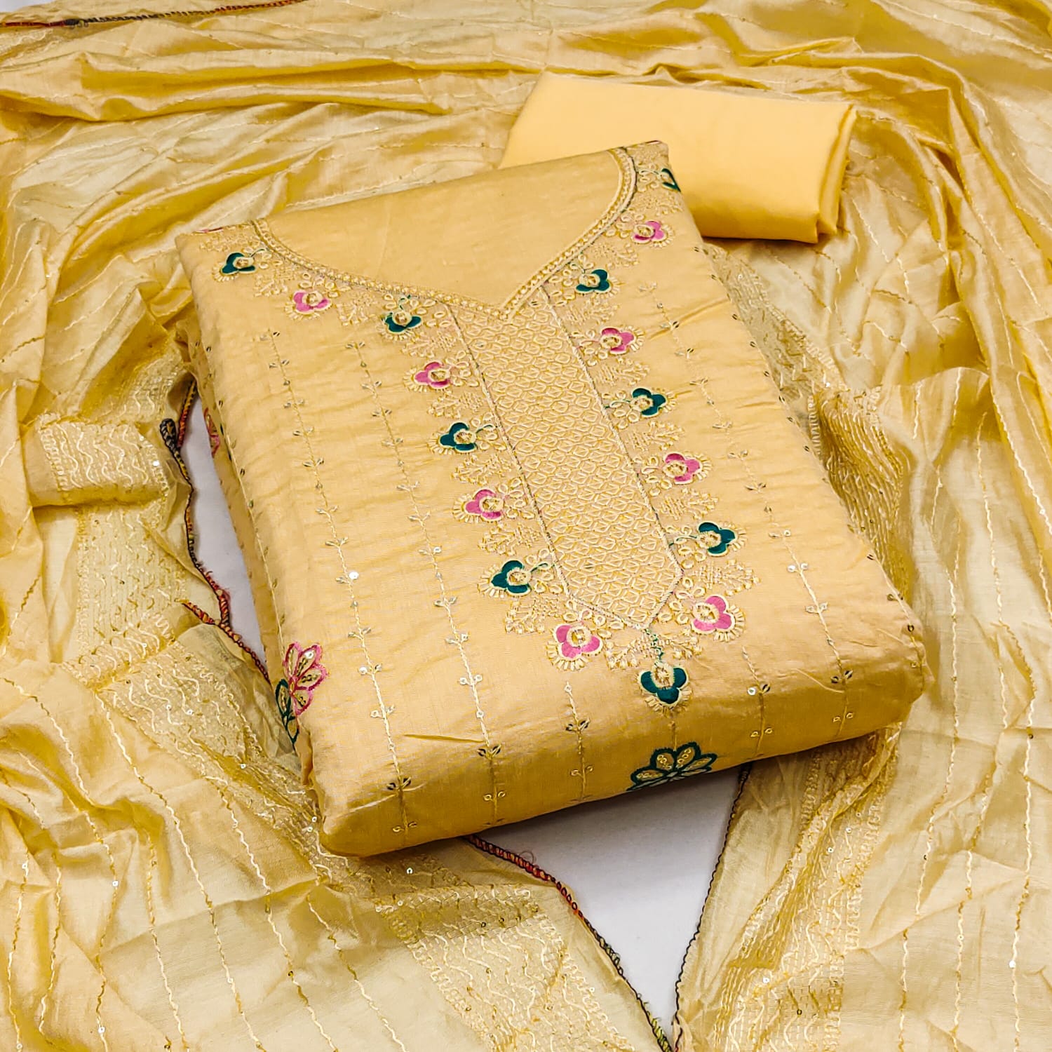 Ds Designer Suit Chanderi Work Non Catalog Dress Material Wholesale Market In Surat

